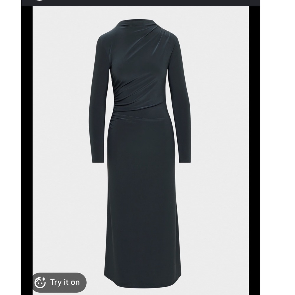 Wilfred Aritzia Black Ruched Long Sleeve Midi Dress‎ Mock Neck XS 123511